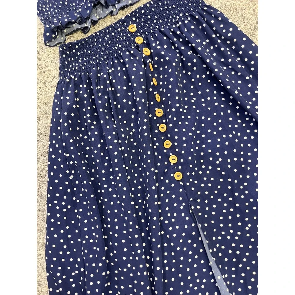 SHEIN Womens Navy Blue Polka Dot Two Piece Set Smocked Crop Top Maxi Skirt Small
